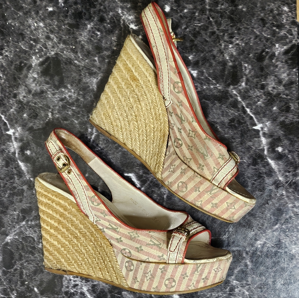 Louis Vuitton Monogram Heel Wedge Slip Open Toed Shoes Sz. 36.5 - Picture 2 of 13